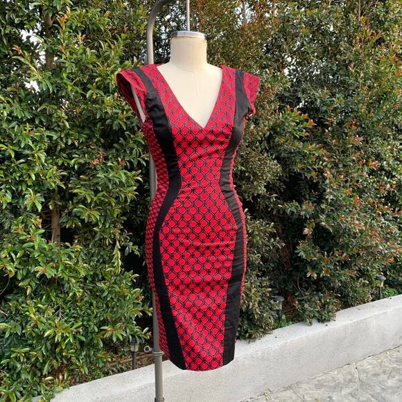 French Connection Red Black Geometric Midi Bodycon Dress Women’s 2 - Picture 1 of 9